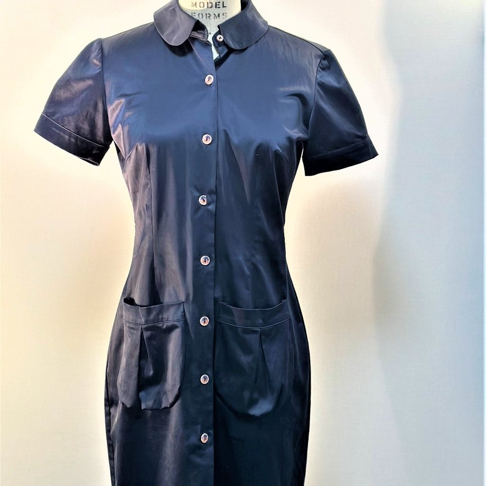 NAVY COTTON SATEEN FITTED SHIRT DRESS WITH PETER PAN COLLAR